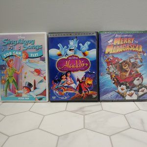 Disney 4 DVD Kids Movie Bundle -Aladdin, Merry Madagascar & Peter Pan Sing Along